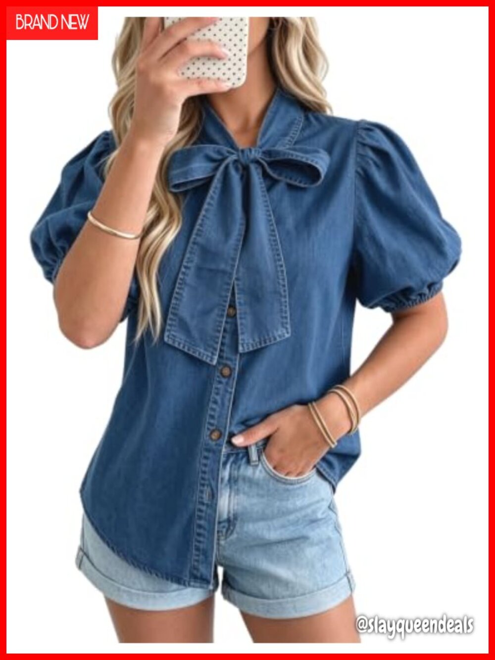 Women's Denim Shirt Short Sleeve Tie Front Button Top Chambray Blouse